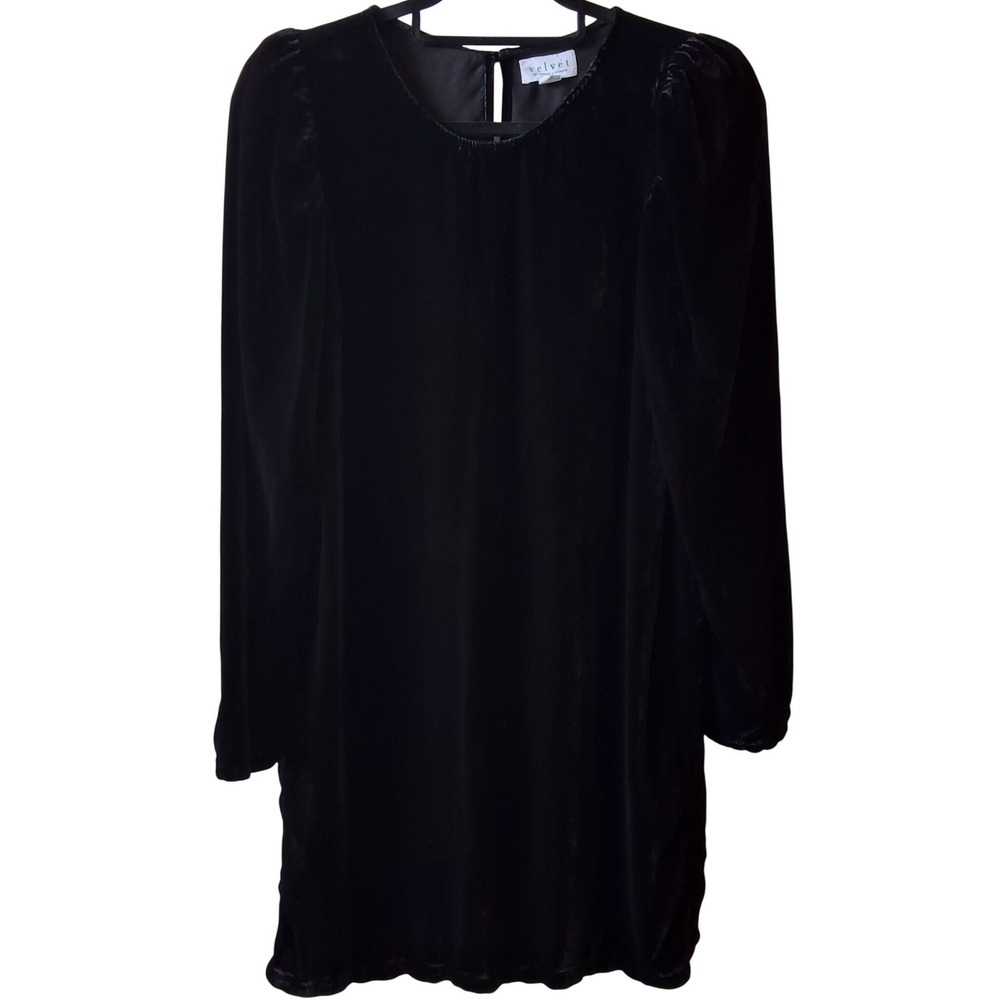 Velvet by Graham & Spencer Black Silk Blend Velvet Puff Sleeve Shift Dress M